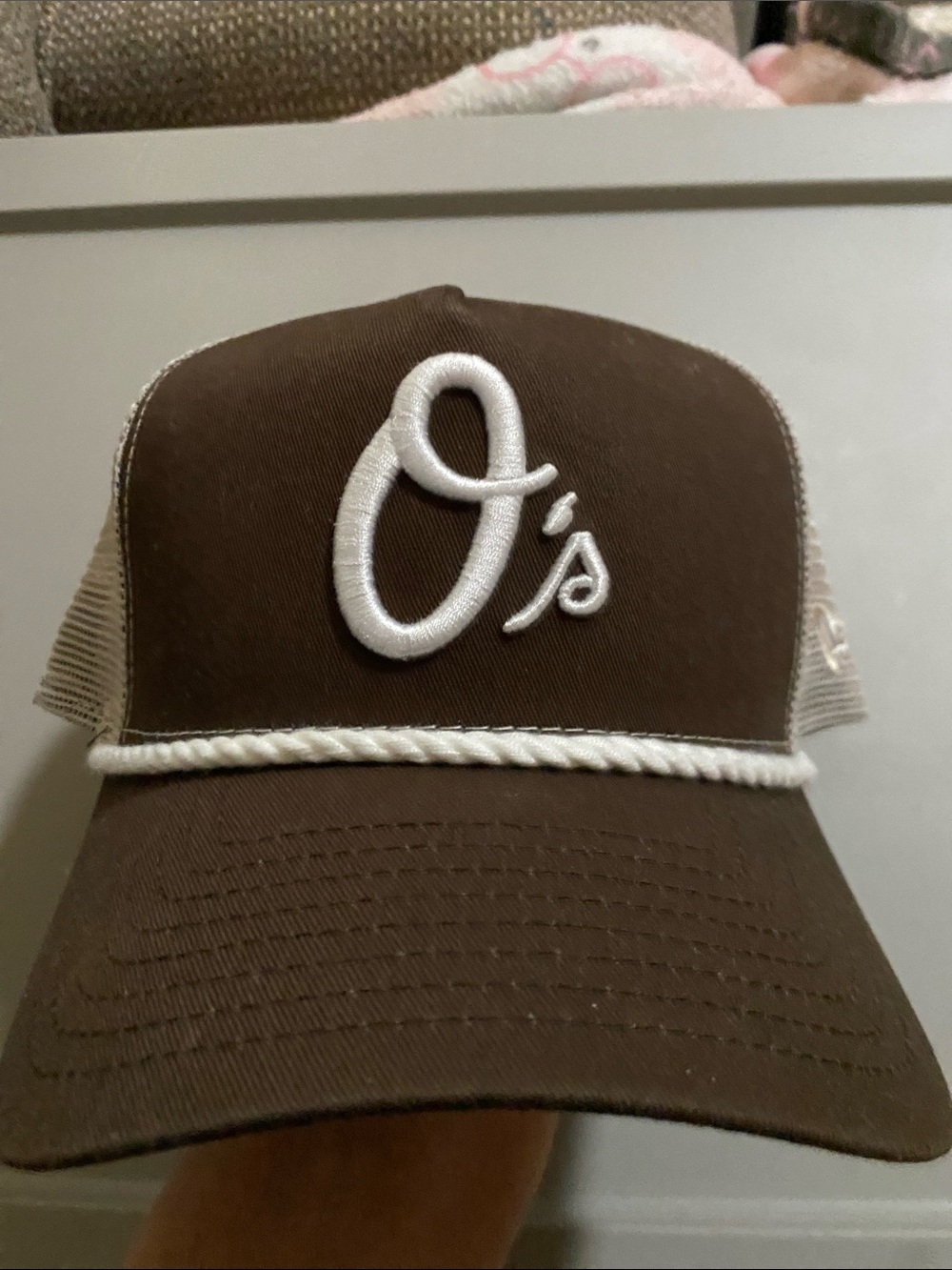 New Era Brown and White O's Trucker Hat